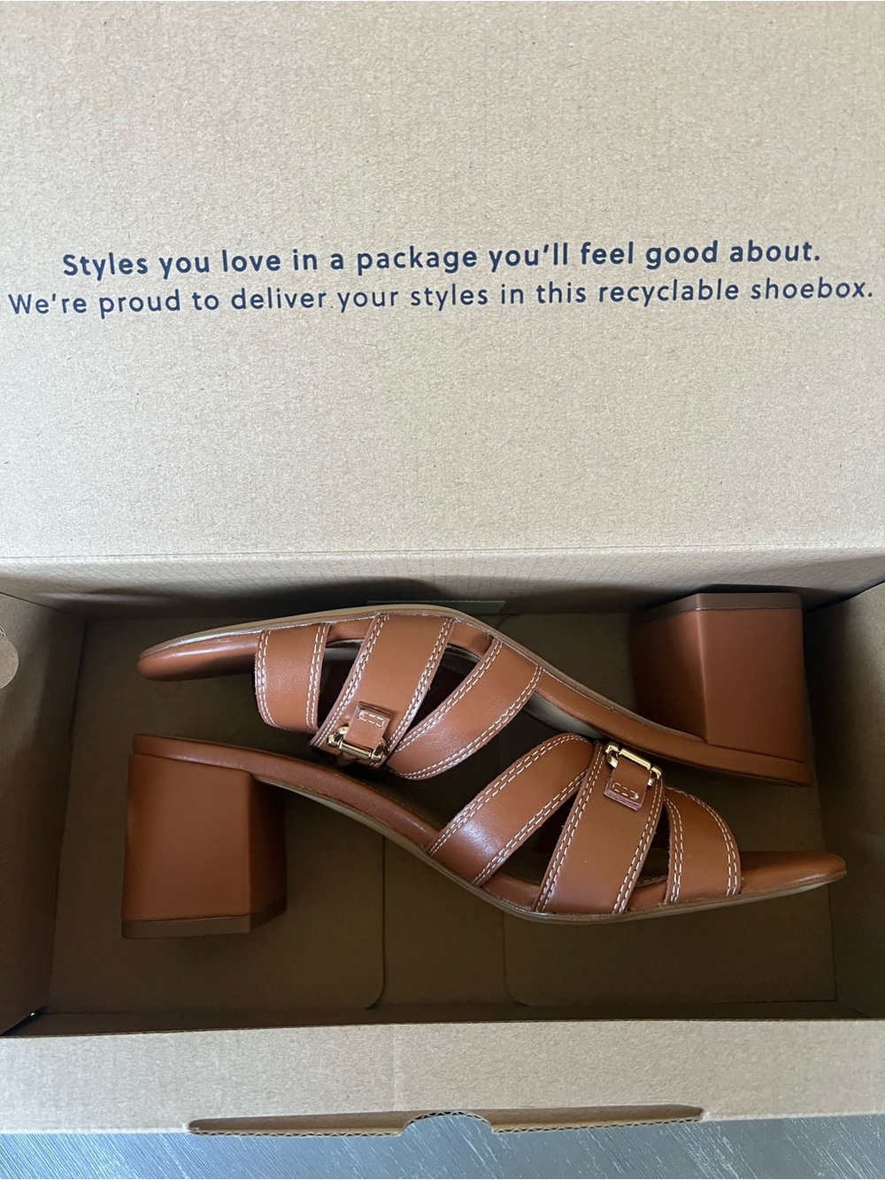 J.Crew NIB Cognac Leather Block Heel Mule Sandals Gold Horsebit Women’s Size 7 - Picture 4 of 11